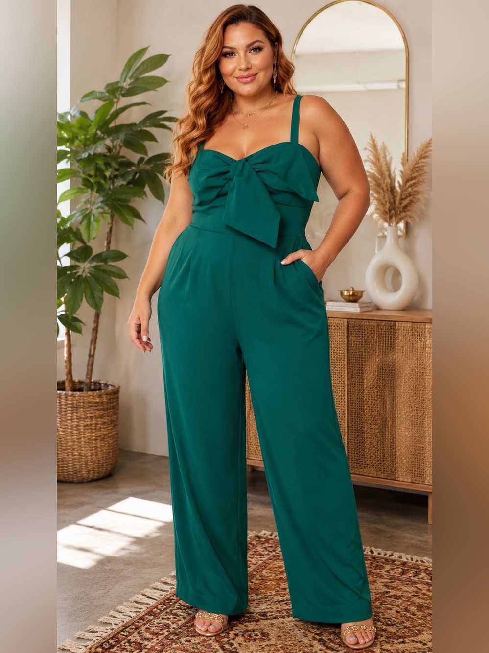 Lily Pulitzer Size 14 Emerald Green Wide-Leg Jumpsuit with Bow Detail